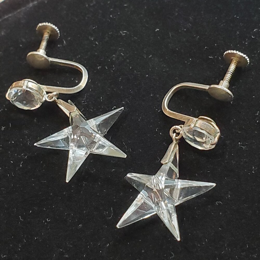 TRUE VINTAGE STERLING SILVER AND CRYSTAL STAR EARRINGS
